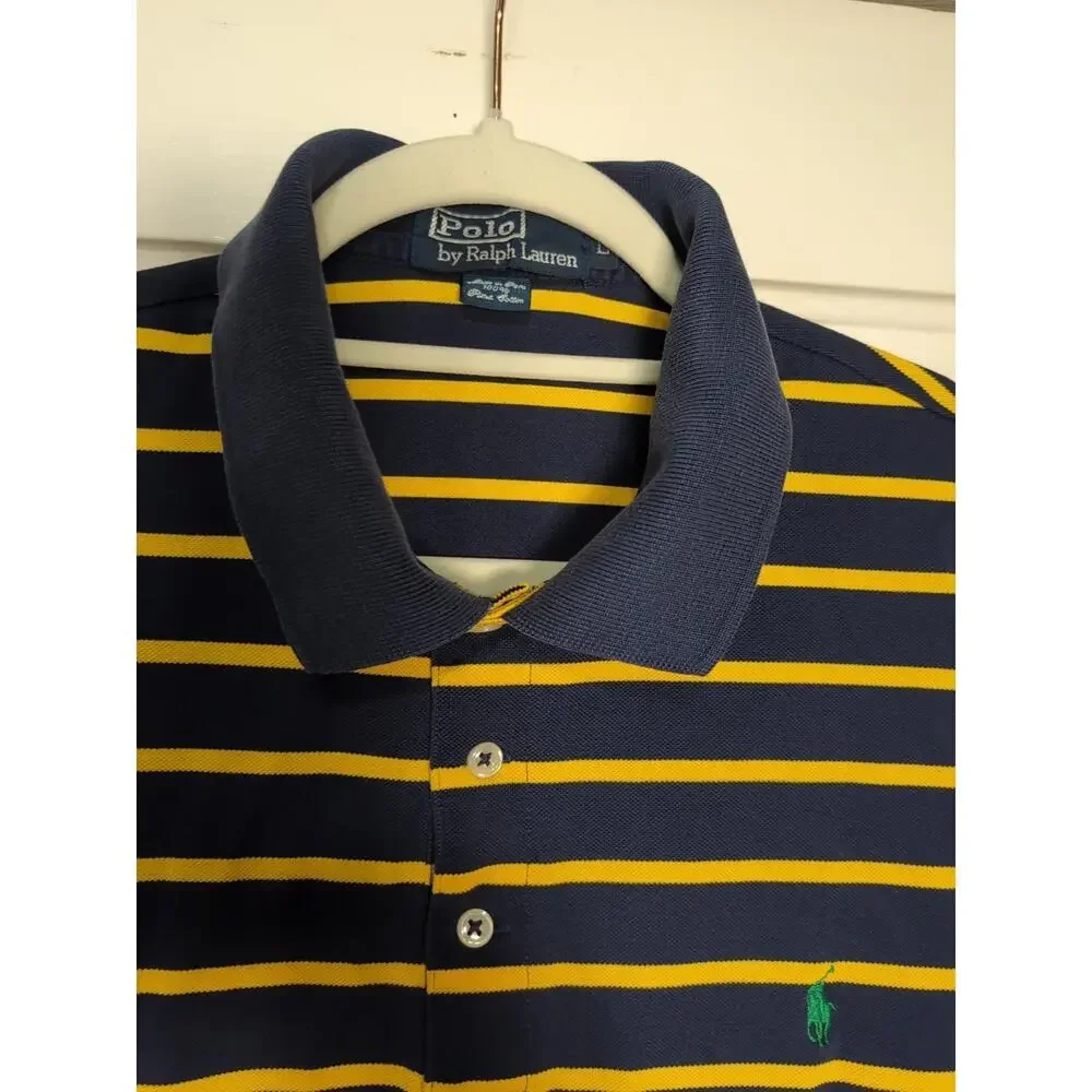 Polo Ralph Lauren Shirt Blue Yellow Stripes Equestrian Golf Men's L Pima(1186)